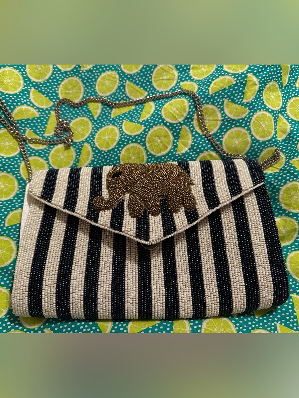 Striped Navy & Cream Elephant Clutch with Chain Strap